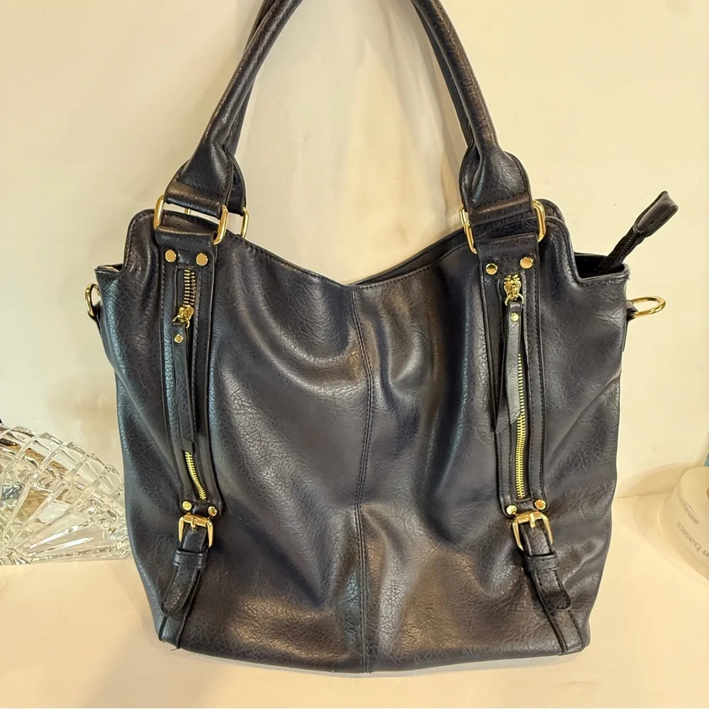 Navy Blue Faux Leather Rummy Tote Bag – Multi-Pocket 💙 Soft Inside & Outside - Picture 1 of 16